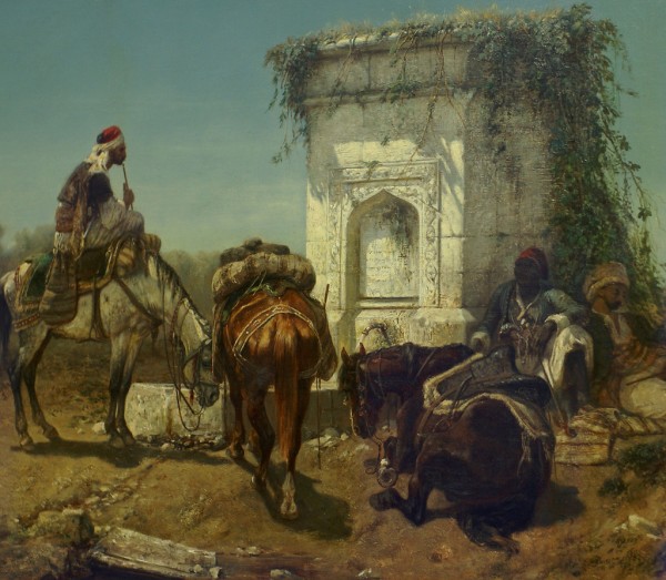 Arabs resting by a marble fountain by Adolf Schreyer